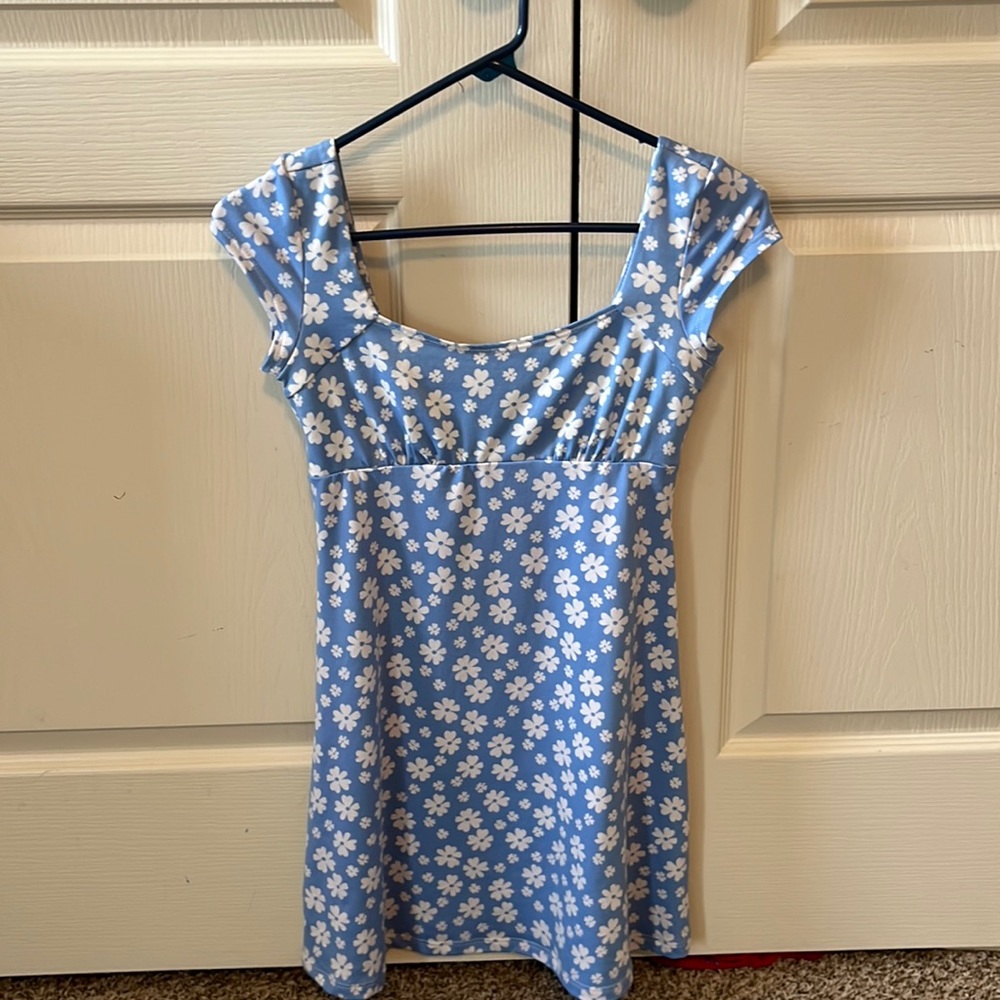 Blue and white floral altard state dress